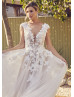 Cap Sleeves Ivory Lace Tulle V Back Floral Wedding Dress